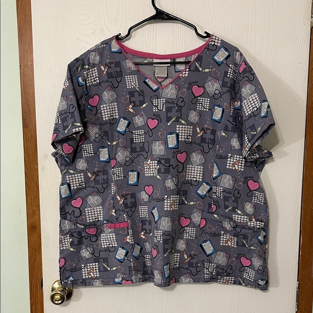 ScrubStar Gray and Pink Patterned Scrub Top Size 3XL